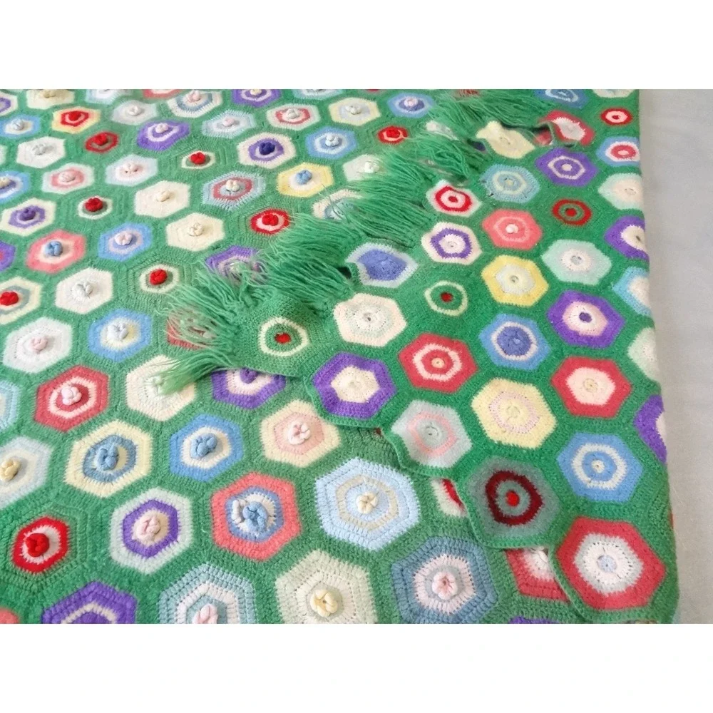 Handmade Crochet Afghan Blanket Green Good Hexagon Popcorn Fringe